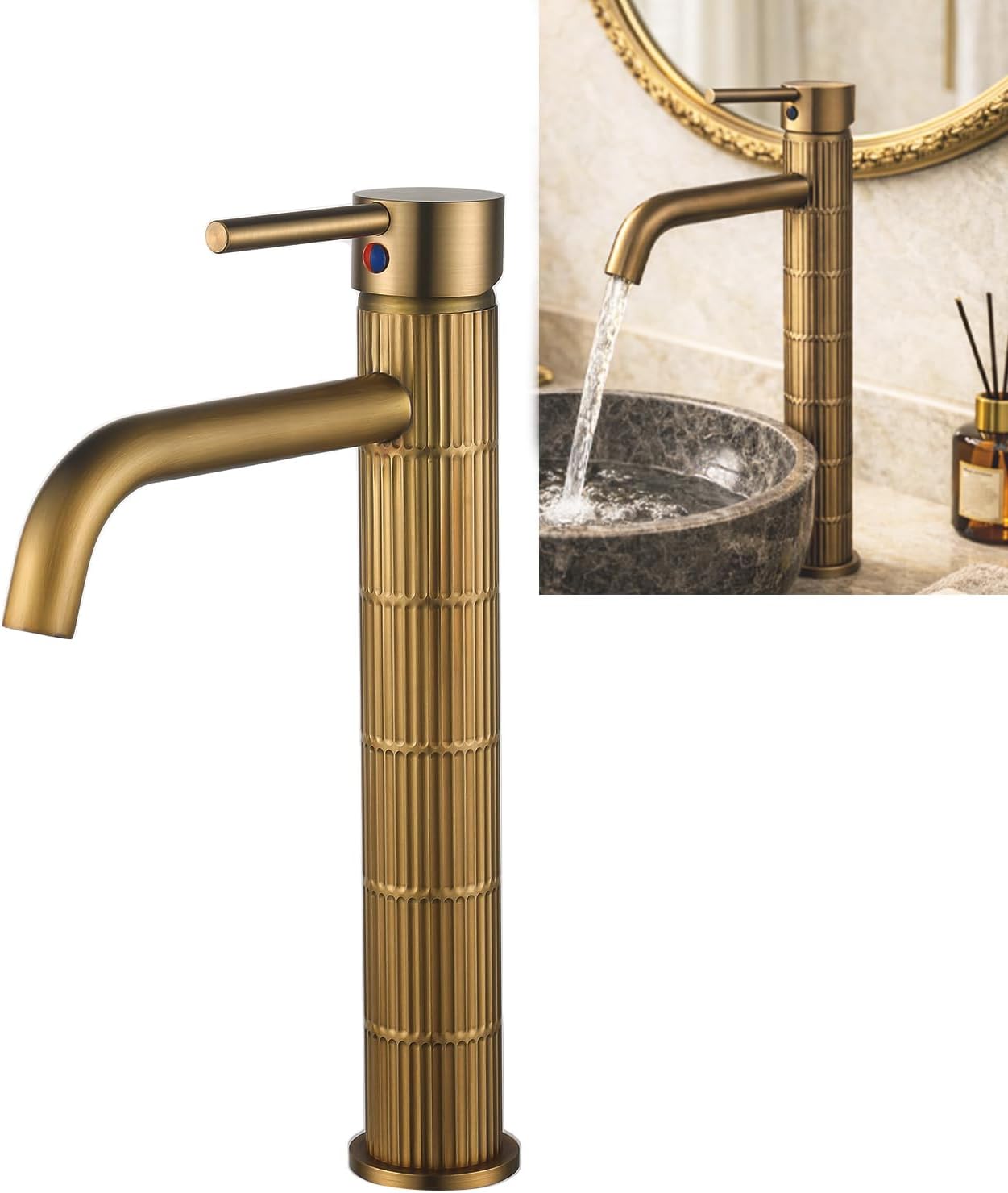 Grifo de lavabo alto monomando con cuerpo de latón, mezclador para lavabo sobre encimera, acabado vintage cepillado, cartucho cerámico (Bronce cepillado, Alto)