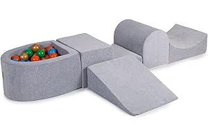 MEOWBABY Parco Giochi in Schiuma con Piscina di Palline per Bambini - Blocchi Morbidi per Bambini 200x45cm/100 Palline, Velluto, Grigio Chiaro: Giallo/Rosso/Arancione/Verde/Blu