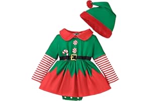 RAOPUZI Disfraz Navidad Elfo Bebe Niña, Vestido Niña de Bautizo, Disfraces de Navidad para Bebé con Gorro Vestido de Bebé Niñas de Rayas Rojo Y Verde Body Bebe Manga Larga Conjunto de Elfa Navideño