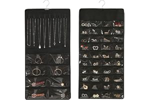 XZMCAT Doppelseitig Hängende Schmuck Organizers, Schmuckaufbewahrung mit 48 Taschen und 8 Haken und Loop Kleiderschrank, Aufbewahrungstasche über Der Tür Schmuckorganizer zum Aufhängen