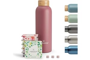 WATERDROP MICRODRINK waterdrop® Starter Set Steel with 1x Stainless Steel Water Bottle + 18 Microdrinks Vitamin Hydration Cubes in 6 flavours - Taster Pack with 600ml Double Insulated Water Bottle + Sugar-Free Drinks