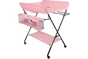 HUOLE Cambiador de Pañales Plegable con Ruedas y Espacio de Almacenamiento Cambiador para Bebé Altura Ajustable,Plegable con cinturón de seguridad y compartimentos de almacenamiento