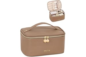 Prite Groß Kosmetiktasche für Damen Reise Kulturtasche aus Wasserdichtem Leder Tragbare Kulturbeutel oder Make Up Tasche mit Griff und Abnehmbarem Trenner (Braun)