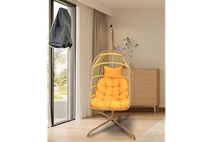 Mojia Indoor Outdoor Egg Chair with Stand and Oxford Cover 450lbs Capacity Folding Patio Wicker Hanging Swing Chair for Patio Bedroom Balcony (Yellow)