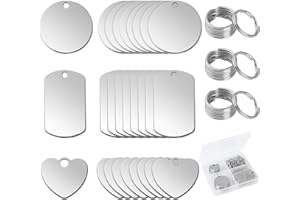 GHVACZS 24 sztuki pustych zawieszek ze stali nierdzewnej – okrągłe/prostokątne/w kształcie serca, puste breloczki do kluczy, do wykrawania pustych identyfikatorów z kółkiem na klucze do naszyjników