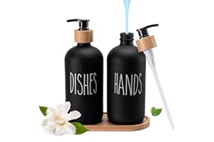 MUMDOYAL Elegante set di dispenser di sapone in vetro con vassoio - Decorazione nera e bianca per bagno e cucina - Capacità di 500 ml (nero)