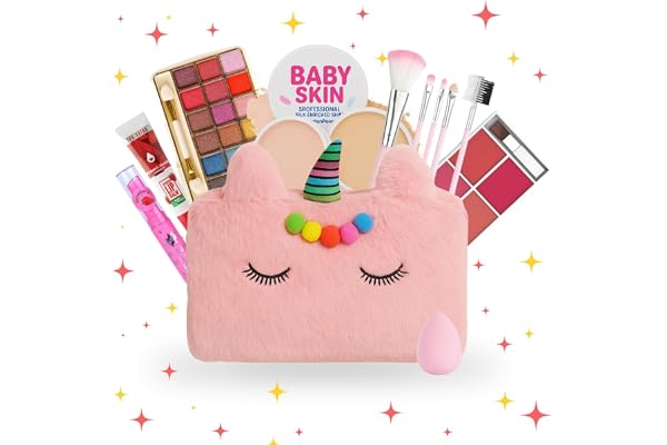 Real Makeup Kit for Girls & Teens 16 PCS Safe & Washable Beauty Set with Unicorn Pink Bag Non-Toxic Cosmetics for Ages 7 16 Gift Set with Brushes, Lip Gloss, Blush & More