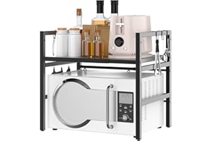 VickyHome 2-Stufig Mikrowellen Regal Küchenregal, Arbeitsplatte Küche Regal Küche Küchenaufbewahrung Einheit für Mikrowelle, Höhen & Längenverstellbare Ablage, 6 Haken, Schwarz