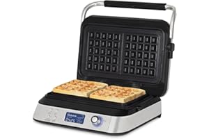 H.Koenig Gaufrier GFX800, Appareil à Gaufres 12x12,5 cm, Revêtement Antiadhésif, 5 Programmes, Gouttière anti débordement, Ecran LCD, 7 Niveaux de dorage, 1600 W