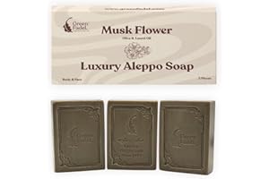 GREEN FADEL (Luxury) Savon d’Alep Original avec de fleur de musc, 3 pièces, à l’huile d’olive & huile de laurier, savon à l’huile d’olive, savon naturel, Luxury Aleppo Soap