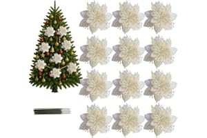 AUFIIY Christmas Tree Flowers – 12pcs Christmas Glitter Poinsettia Decorations, Wreath, Garland & Party Decor, with 12 Clips Included