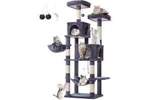 Taoqimiao Rascador para Gatos Grandes, 170cm Arbol Rascador para Gatos com 2 Plataformas, 2 Cuevas, Cesta, Hamaca, MS013G Gris Oscuro