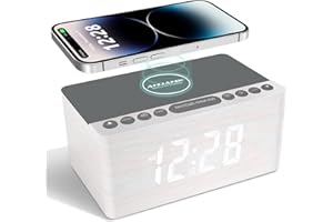 ANJANK Radiosveglia Digitale in Legno con Ricarica wireless,Caricatore Wireless Veloce da 10W per iPhone/Android,Funzione di Ricarica USB del Telefono Cellulare,Dimmer a 5 Livelli,Batteria di Backup