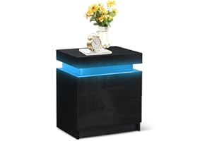 ‎TUKAILAI TUKAILAI Nachttisch mit LED-Licht, 2 Schubladen und Hochglanzkommode Nachtschrank Nachttisch für Schlafzimmer Wohnzimmer Schwarz