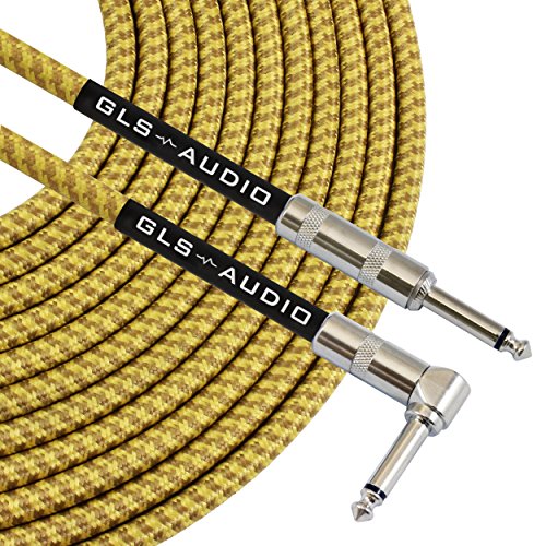 GLS Audio 6 Foot Guitar Instrument Cable - Right Angle 1/4-Inch TS to Straight 1/4-Inch TS 6 FT Brown Yellow Tweed Cloth Jacket - 6 Feet Pro Cord 6' Phono 6.3mm - SINGLE