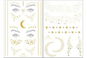 Feelairy 2 Stück Tätowierung Metallic Temporäre Tattoo Gesicht Gold, Wasserdichte Metallic Tätowierung Flash Tattoos Aufkleber, Glitter Tattoo Stickers für Frauen Mädchen Kinder Körperkunst