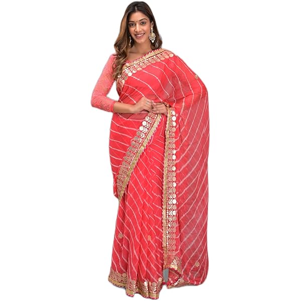 振袖ピンク（PATTI PATTI) Pink GOTTA-PATTI SAREE ON PURE HANDMADE BANDHANI, Georgette