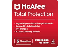 McAfee Total Protection 2024, 5 dispositivos | Antivirus, VPN, seguridad móvil y de Internet | PC/Mac/iOS/Android|Suscripción