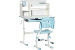 HOMCOM Juego de Escritorio y Silla para Niños con Altura Ajustable - Pupitre con Tablero de Mesa Inclinable Cajón y Estantería para Libros 80x52x88-109 cm y 35,5x44,5x66-80 cm Azul