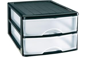 ACAN Tradineur - Cajonera de sobremesa - 2 Cajones Transparentes - Torre de almacenaje, armario, baño, oficina - Fabricado en España - 18 x 27 x 35,5 cm - Color Negro