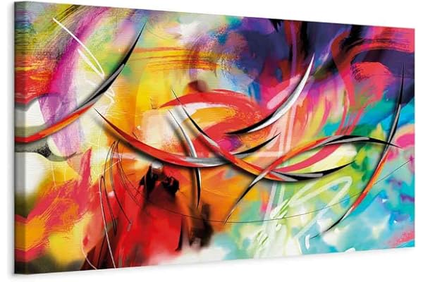 B&D XXL - Tableau décoratif abstrait 150x50 cm - Impression sur toile colorée - Décoration murale pour salon et chambre - Blanc orange rouge bleu - Abstraction colorée a-A-0001-b-b