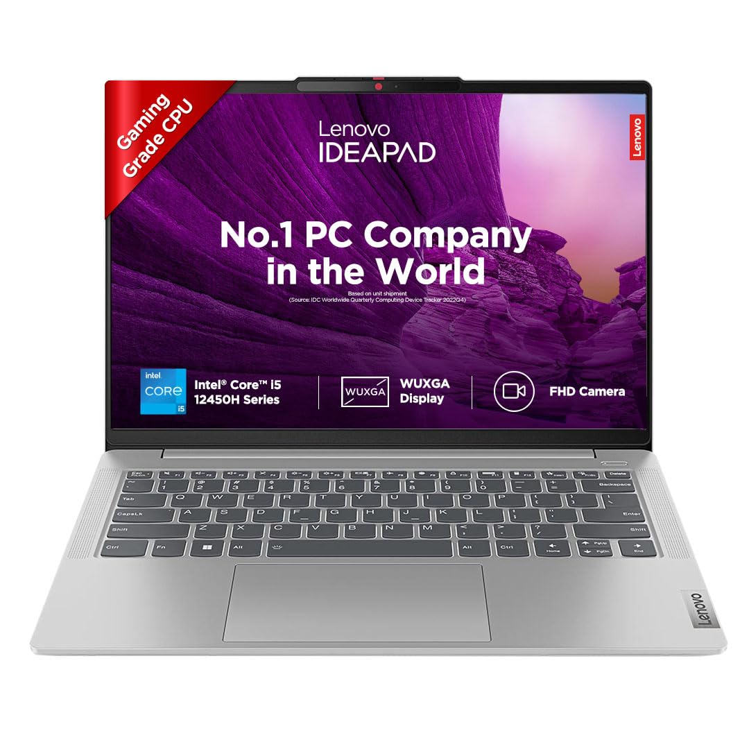 Lenovo IdeaPad Slim 5, Intel Core i5-12450H, 12th Gen, 16GB RAM, 512GB SSD, WUXGA+ IPS, 14"/35.5cm, Windows 11, MS Office 2021, Cloud Grey, 1.46Kg, 83BF000UIN, Backlit KB, FHD Camera, Alexa Laptop