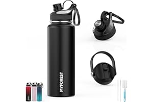 MYFOREST 1000ml/32oz Insulated Water Bottle, 2 Lids for Small Sip/Large Gulp, 100% Dishwasher-Safe/Leak-Proof/BPA-Free/Top Handle/Carbonated Drinks/Cold/Hot