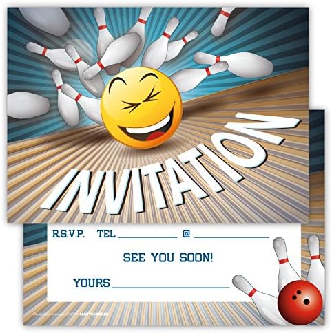 Funny Birthday Invitations Pack of 12 for Boys Girls Kids Cards Bowling Party with Smiley Emoji Postcard Greetings Set Pin