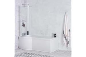 AQUARISS Modern White P Shape Shower Bath 1675 mm with Front Panel & Curved Wall Pivoting Glass Screen