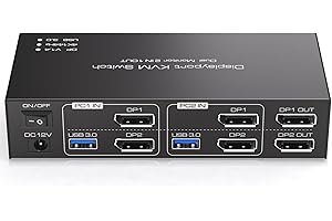 TJCXELE Displayport Switch KVM 4K144Hz 2 PC 2 Monitor USB 3.0 Commutatore KVM Doppio Monitor per Condividi e 4 Dispositivi Supporta la Modalità Copia ed Estendi con cavi USB