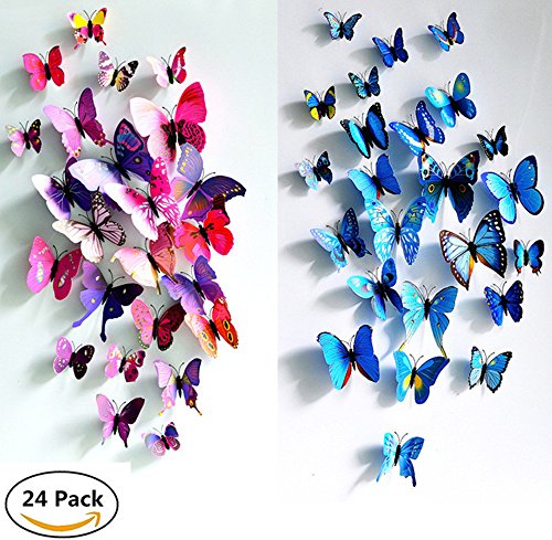 UWILD® 3D Schmetterling wandaufkleber 3D Wandtattoo Wand Aufkleber Wandsticker Schmetterling Aufkleber Schmetterlinge im 3D-Style Wanddekoration mit Klebepunkten zur Fixierung (Klebepunkten+ Magnet) (12 Blau+12 Lila)