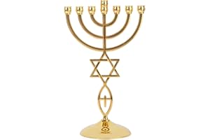 BRTAGG Candelieri Menorah con 7 rami, altezza 21 cm, design a stella di David - Decorazioni per la casa ebraica placcate in oro (modello 3829)