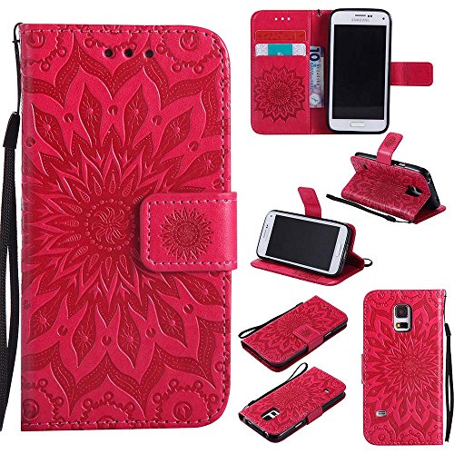 Galaxy S5 Mini Hülle, Dfly Premium Slim PU Leder Mandala Blume prägung Muster Flip Hülle Bookstyle Stand Slot Schutzhülle Tasche Wallet Case für Samsung Galaxy S5 Mini, Rot