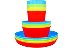 Bloomsworld Toddler Dining Set, 4 Plastic Cups, Bowls and Plates, Reusable, BPA Free, Kids Picnic and Party Tableware for Boys and Girls - Bright