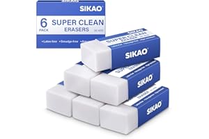 SIKAO White Erasers, 6 Pack Block Pencil Erasers – Smudge-Free Latex-Free, Erasers for Kids School Supplies, Clean Erase for Homework, Office & Drawing (Art Use)