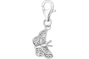 Quiges Butterfly Clip On Charm Pendant with Cubic Zirconia Silver Plated Women's Jewellery