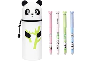 ZJKUBOIS Panda Silikon Federmäppchen Set, 2 In 1 Silikon Teleskopisch Ständer Kawaii Federmäppchen mit 4 Stück Radierbare Stifte, Weiche Silikontasche Mäppchen für Jungen und Mädchen (Bambus-Panda)