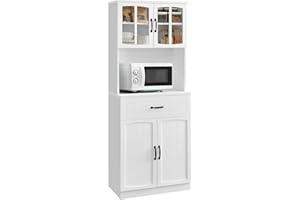 VASAGLE Credenza Alta Cucina, Dispensa Mobile da Cucina con Ante in Vetro e Ripiani Regolabili, Cassetto, Foro per Cavi, per Microonde, Stile Moderno, Bianco LSC361W21