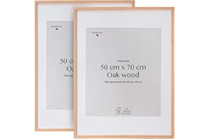 Framelane Set de 2 Marco 50x70 de Roble Macizo Natural FSC con Paspartú Blanco y Vidrio Acrílico, Marcos para Cuadros 50x70 Verticales u Horizontales, Marcos de Madera Elegantes