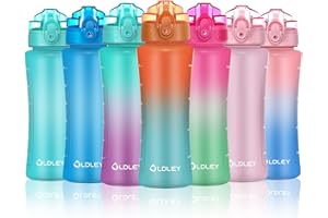 OLDLEY 450ml/15oz Botella Agua para Niños con Pajita Botellas de Bebida Reutilizables con Marcas de Tiempo para la Escuela Hogar Camping Deportes al Aire Libre Sin BPA A Prueba de Fugas Durable