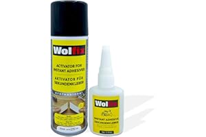 Wolfix Colle Cyanoacrylate Extra Forte 50g avec Activateur et Spray d'Accélération 200ml - Super Glue pour Bois, Plastique et Céramique - Néoprène Rapide et Professionnelle