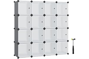 SONGMICS Meuble de Rangement Modulable, 16 Cubes, Étagère en Plastique, avec Portes, pour Vêtements, Chaussures, Livres, Assemblage Facile, Gris LPC443G01