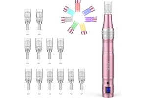 ‎PELCAS PELCAS Derma Pen mit 7 Farben Licht Tragbarer Elektrischer Mikrodeedling Pen mit 9 Geschwindigkeiten und 12 Patronen LCD Anzeige Mikronadel Schönheit Pen Rosa
