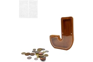 MEDOYOH Letter "J" Money Box, A - Z Letters 23CM/9IN Wooden Alphabet Piggy Bank Coin Bank Coin Storage Tank Money Bank with Alphabet Stickers for Adults Kids