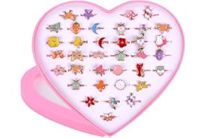 OSDUE Girl's Rings Set, 36PC Box: Adjustable Cute Play Dress Up Rings - Mermaid/Butterfly/Flower