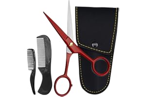 Ontaki Professional German Beard and Moustache Scissors with 2 Combs and Carry Case for Men, Beveled Edge for Precision, Facial Hair Grooming Kit, Moustache Trimming Set, True Red