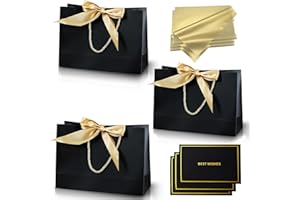 COSORO 3 pièces Sacs Cadeau Noir,Pochettes Cadeau en Papier Moyen avec Anse,Emballage Cadeaux avec Ruban d'Arc 3 Cartes 6 Mouchoirs,pour Anniversaires Mariages Fêtes Noël Paquet Luxe Elégantes