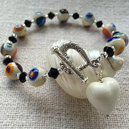 Diana Ingram bracelet with ivory (cream, white) pastel Murano glass mosaic sphere beads, Austrian crystals, small heart charm and Sterling Silver clasp