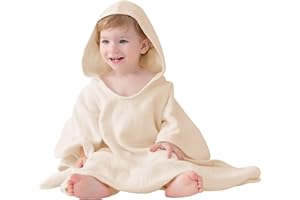 ‎LAT LEE AND TOWN LAT Badeponcho für Kinder, Baby Poncho Badetuch, 100% Baumwoll-Musselin, Babyhandtuch mit Kapuze, Super Saugfähiger Kapuzenhandtuch für Babys und Kinder, 64x60cm (Light Yellow)