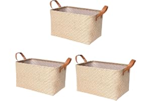 SOCOHOME Canastas de almacenamiento de yute [paquete de 3] caja organizadora tejida de lino natural con asa para juguetes, ropa, dormitorio (beige, pequeño)